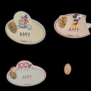 BUNDLE Walt Disney World 1, 5, 10 Year Cast Member Service Pin And AMY Name Tag